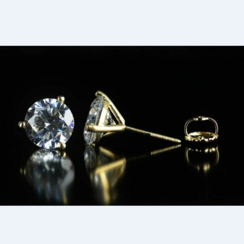 Solid 14k Yellow Gold Round AAA Quality CZ Martini PushBack Stud Earrings Sz 8mm